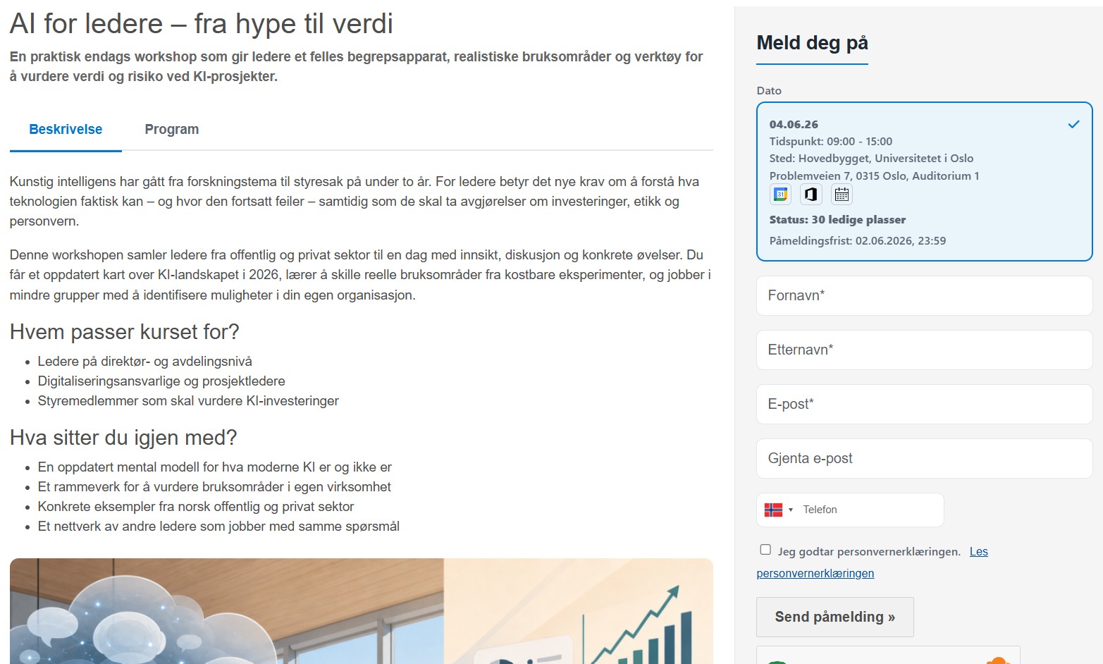 Skjermbilde av kursdetaljside med beskrivelse og påmeldingsskjema