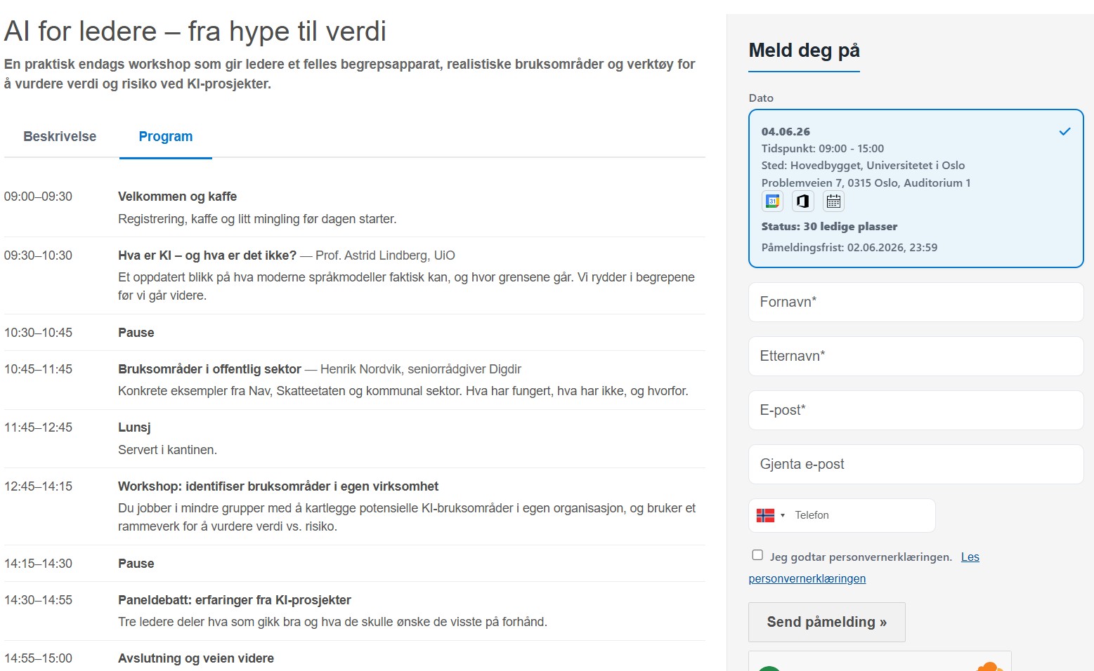 Skjermbilde av strukturert program med klokkeslett og foredragsholdere